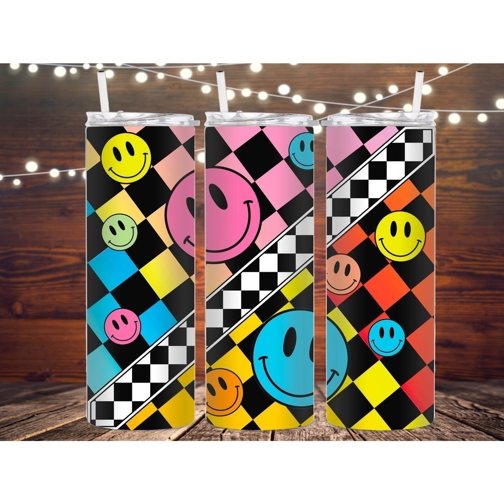 Smiley Face rainbow checkered stainless steel insulated tumbler, metal tumbler,